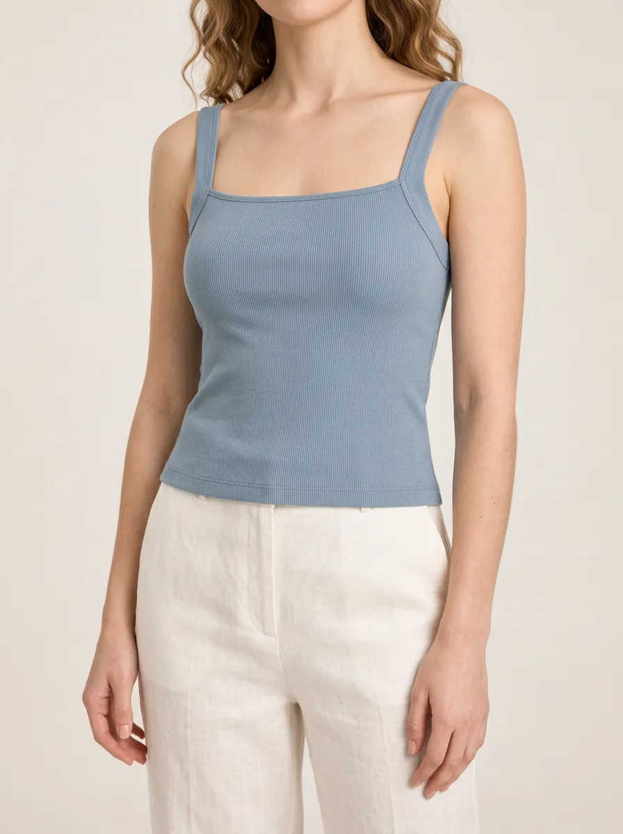 Women's Square Neck Wide Strap Ribbed Button Front Camisole Top