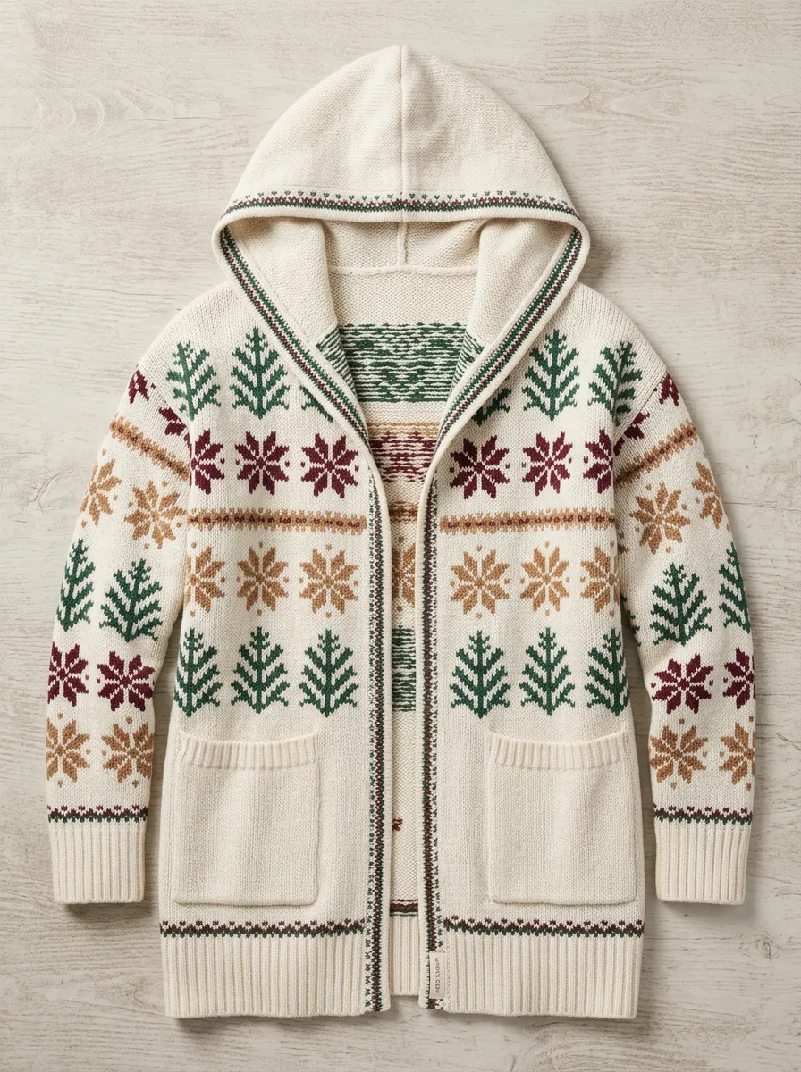 Unisex Christmas Snowflake Pine Tree Pattern Knit Hooded Cardigan