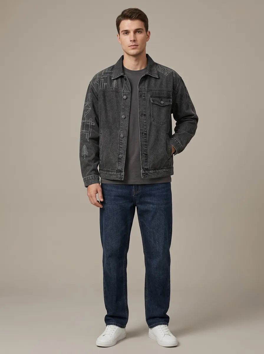 Men's Geometric Nature Inspired Printed Denim Jacket
