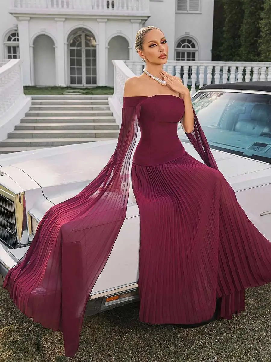 Clara Off Shoulder Pleated Maxi Dress