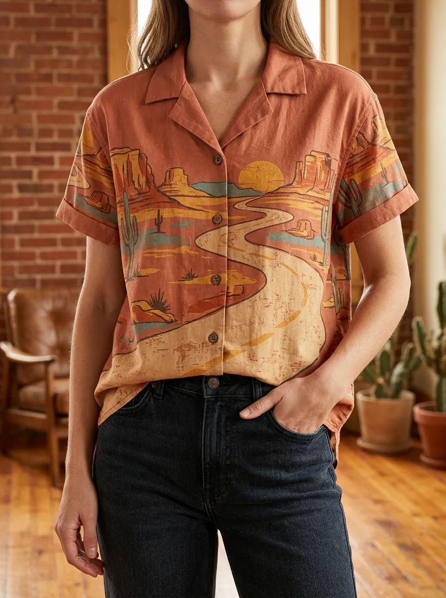 Women's Desert Landscape Cactus Sunset Printed Shirt