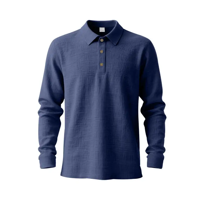 Men's Long-Sleeve Polo Shirt Cotton Gauze With A Shirt Collar Three-button Placket And Relaxed Fit