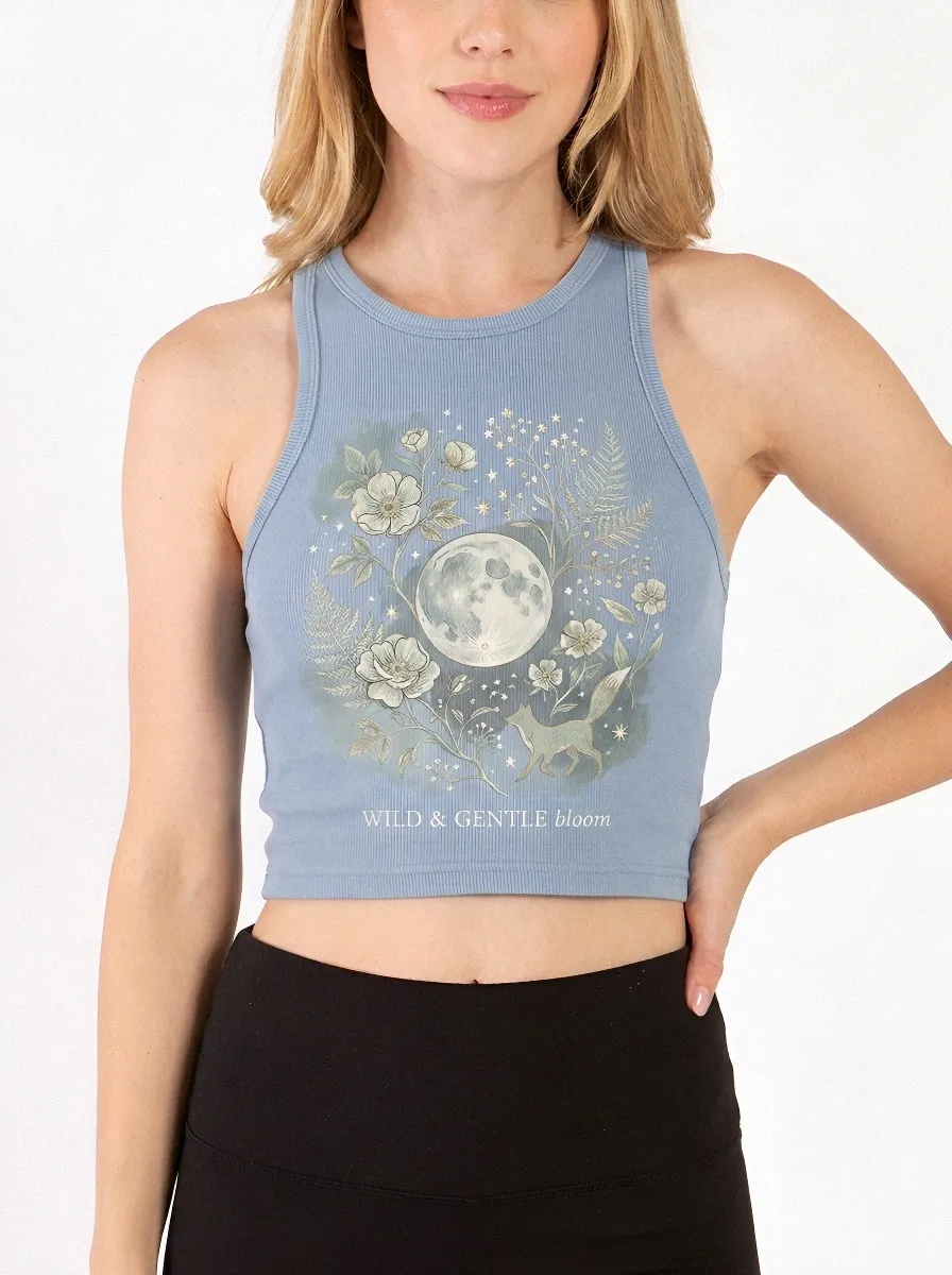 Women's Moon Fox Floral Nature Lover Printed Crop Top