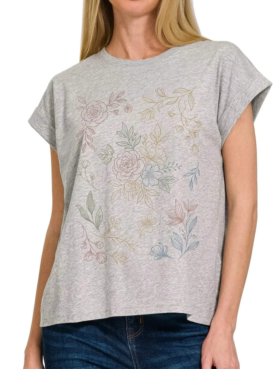 Women's Floral Lover Botanical Line Art Printed T-shirt