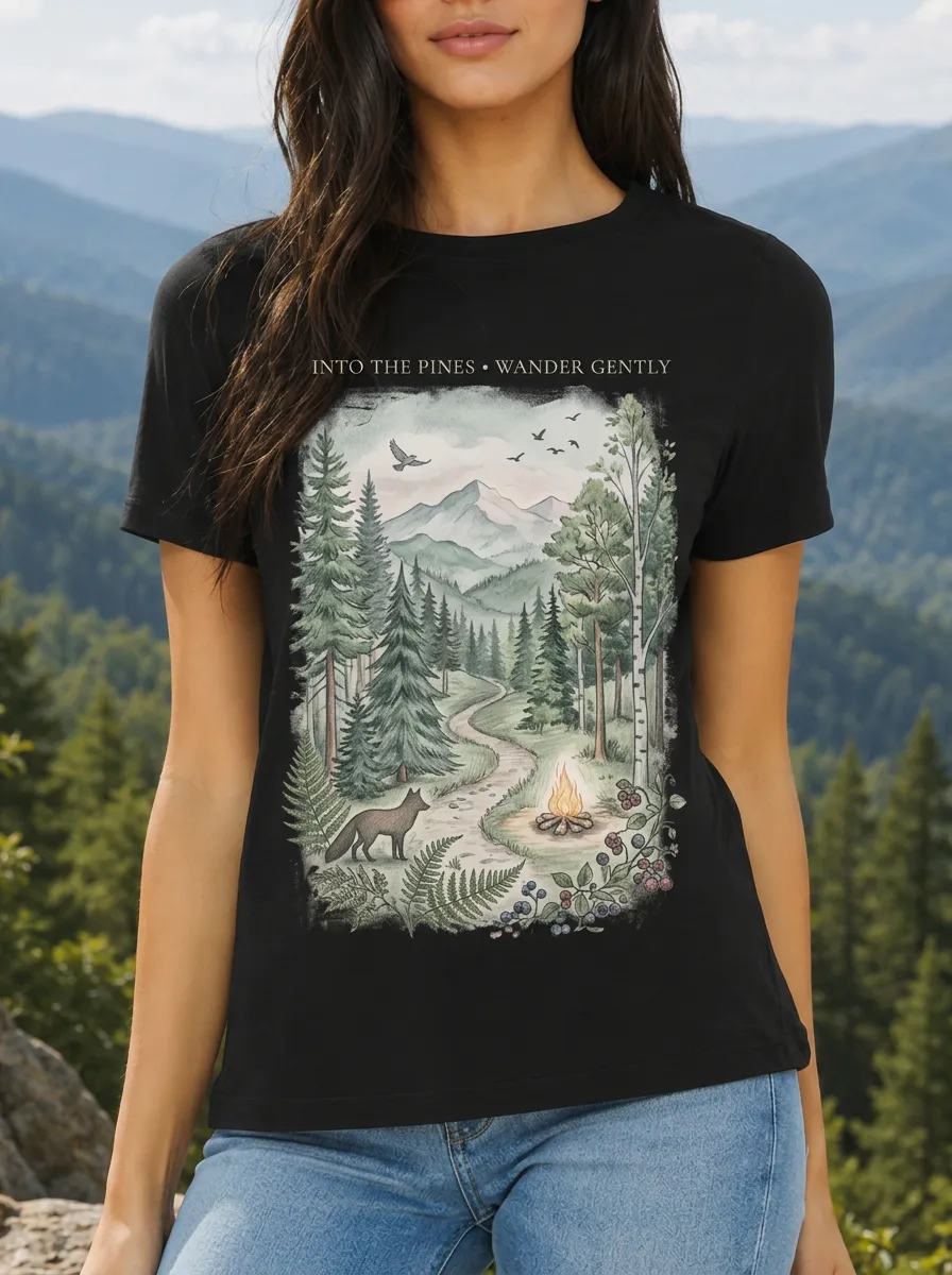 Women's Nature Lover Forest Fox Campfire Printed T-shirt