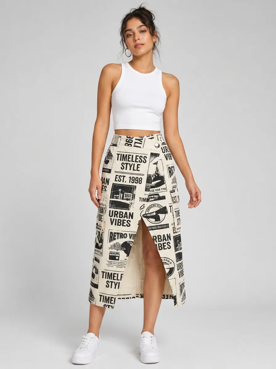 Women's Urban Style Newspaper Print Slit Midi Skirt