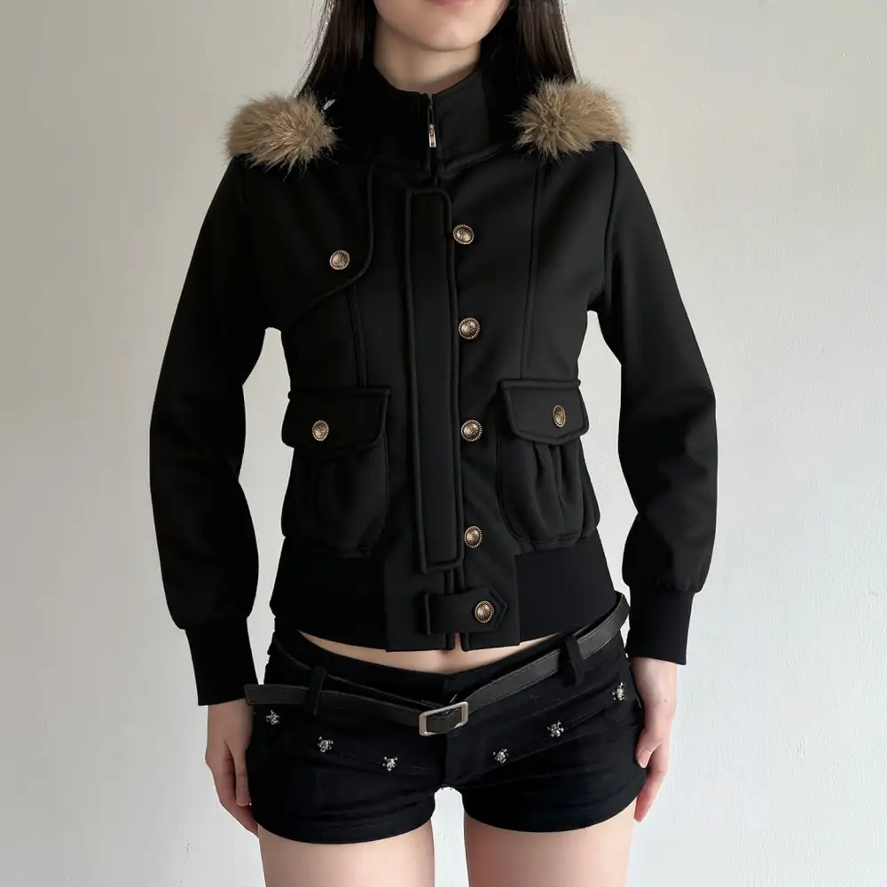 Cropped Faux Fur Hooded Stand Collar Bomber Jacket