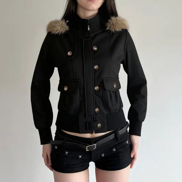 Cropped Faux Fur Hooded Stand Collar Bomber Jacket