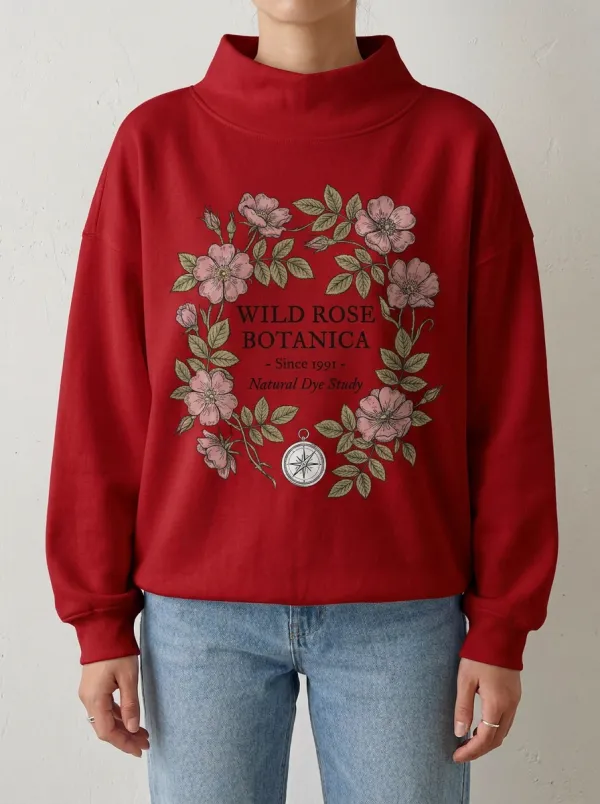 Women's Botanical Wild Rose Compass Printed Sweatshirt