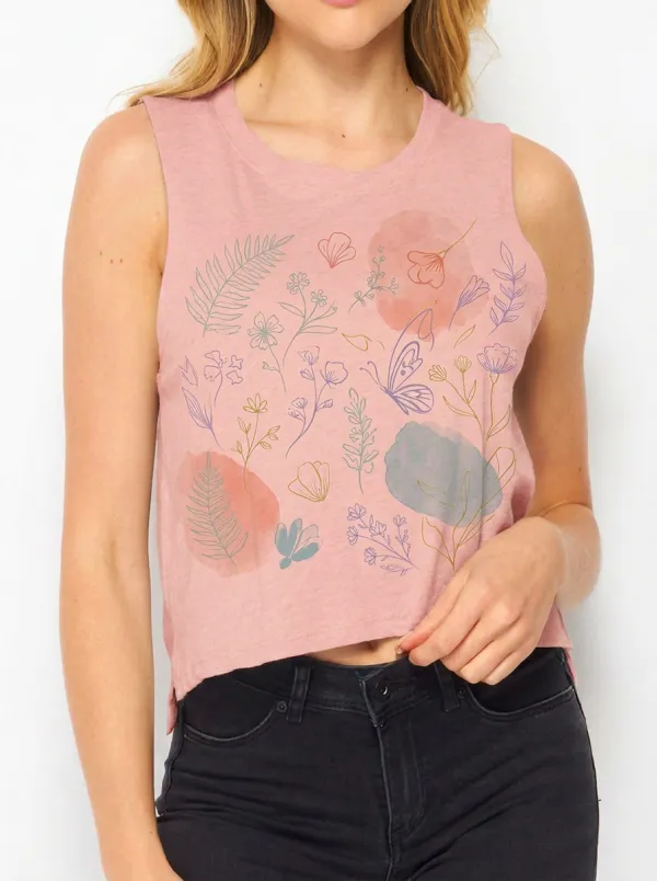 Women's Botanical Butterfly Watercolor Printed Crop Tank Top