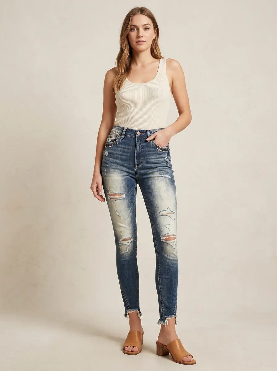 Women's Casual Fashion Distressed Frayed Hem Slim Fit Jeans