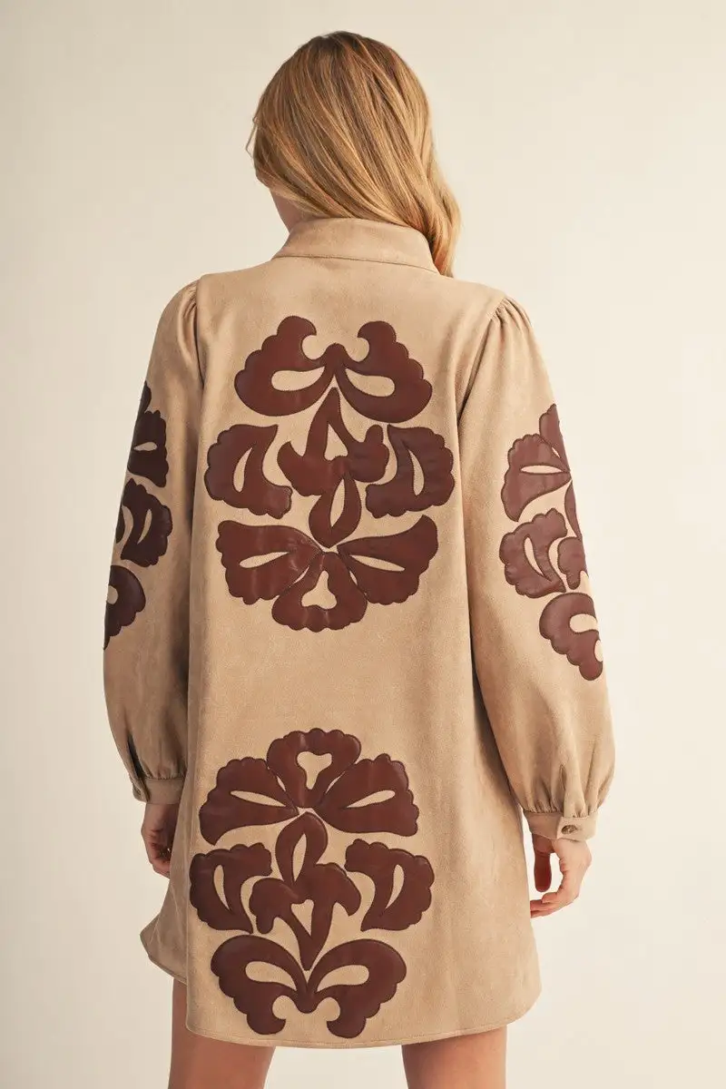 Embroidered Faux Suede Suede Long Sleeve Dress