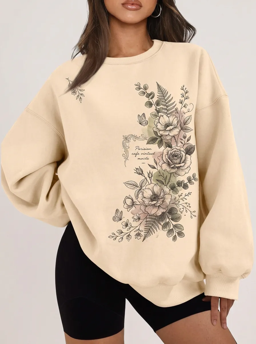 Women's Parisian Vintage Floral Butterfly Printed Sweatshirt