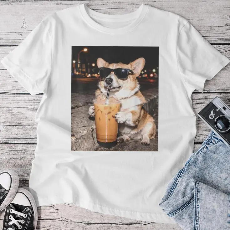 Corgi Drinking Iced Coffee Dog Meme Women T-shirt