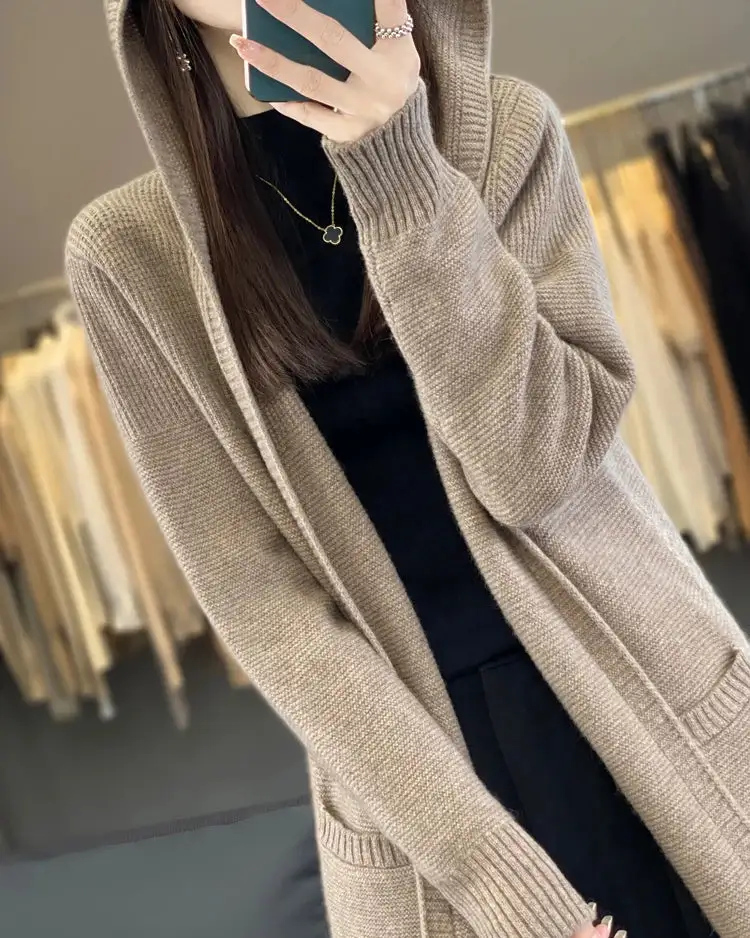 Merino-Wool Wool Hooded Longline Cardigan