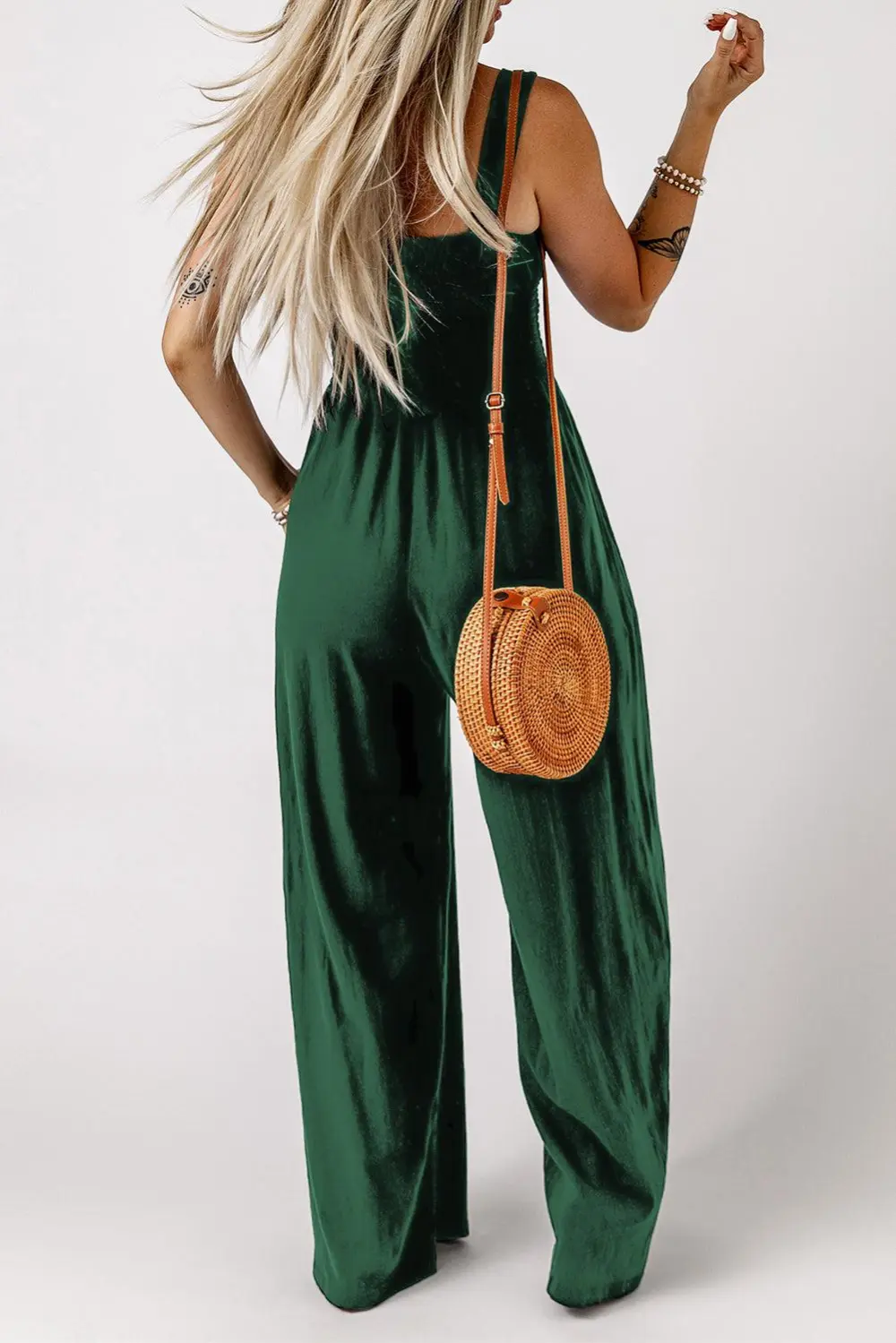 Smocked Square Neck Wide Leg Pockets Jumpsuit
