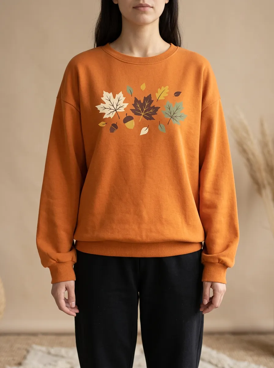 Rustic Maple-Leaf Printed Acorn Graphic Sweatshirt