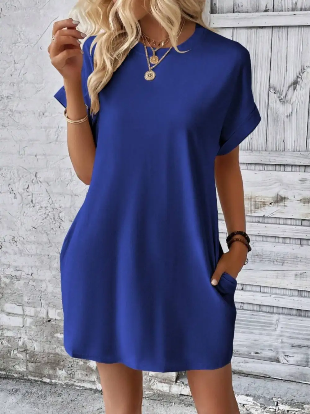 Round-Neck Short-Sleeve Cotton Casual Dress