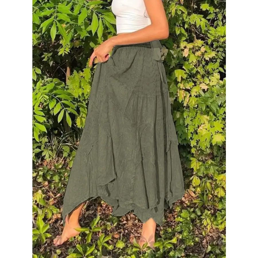 Asymmetrical Hem Midi Skirt with Drawstring Waist