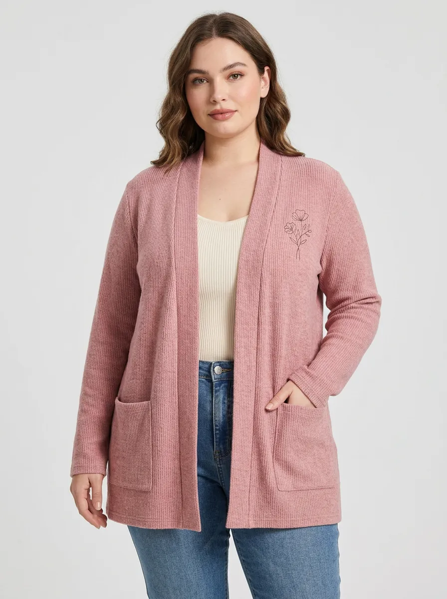 Women's Floral Minimalist Pink Waffle Knit Printed Cardigan