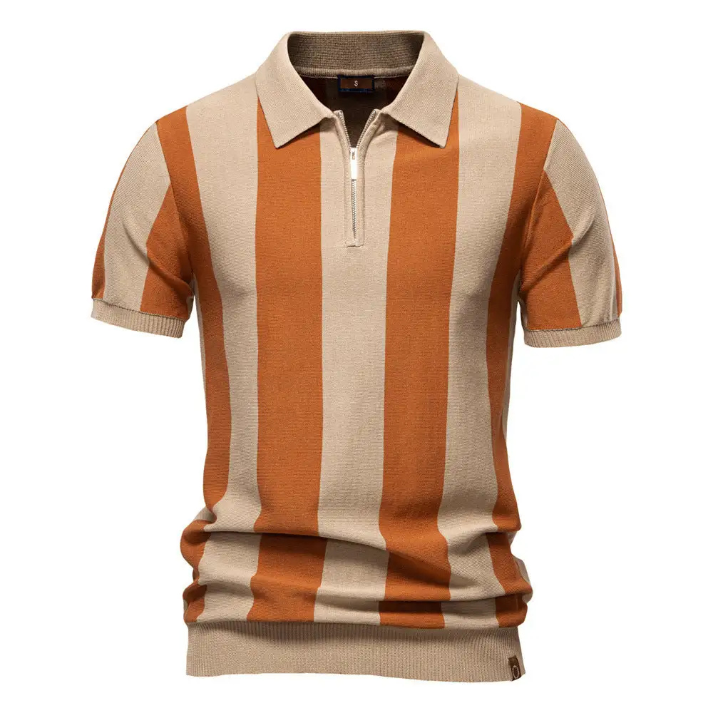 Half Zip Spread Collar Short Sleeve Fine Knit Polo Shirt