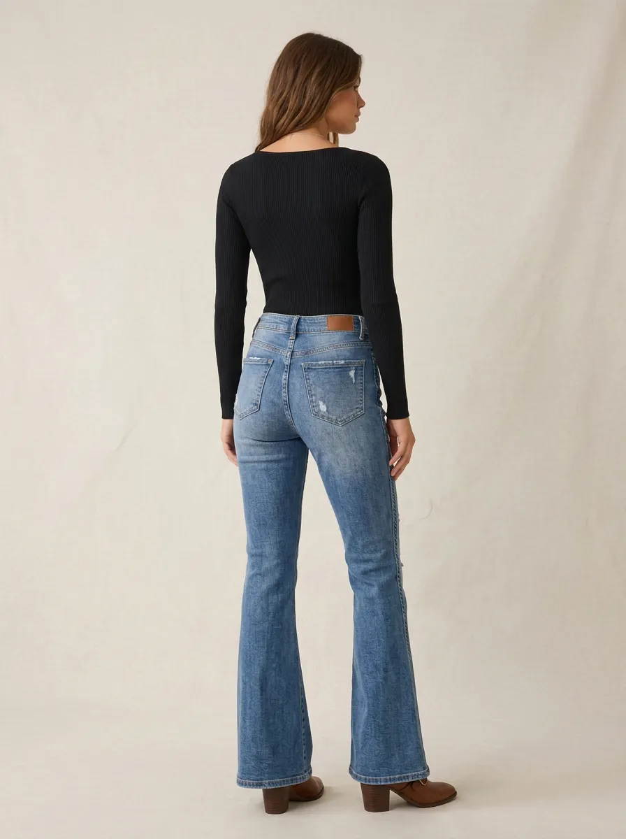 Women's Modern High-Waisted Distressed Flare Denim Flare Jeans