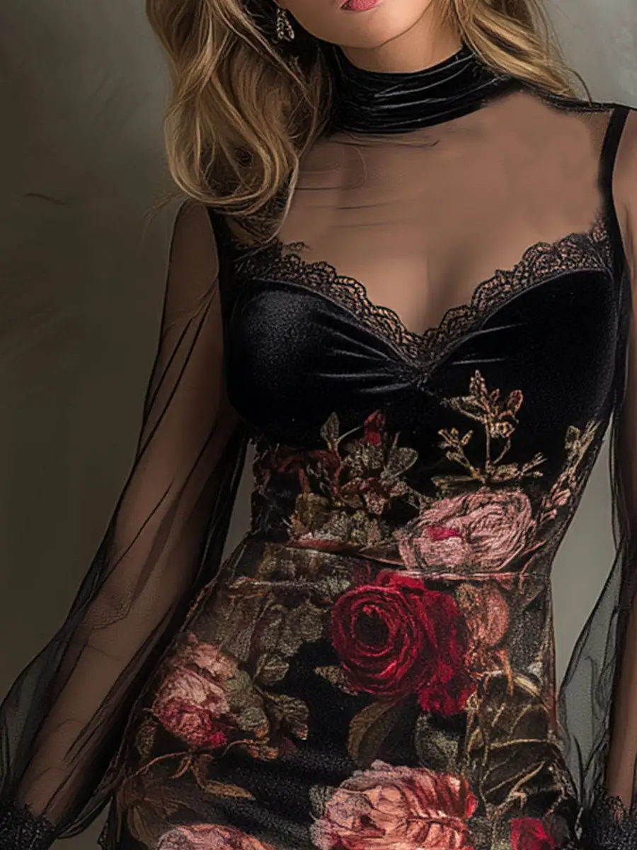 Velvet Rose Print Sheer Patchwork Mini Dress With Lace Trim