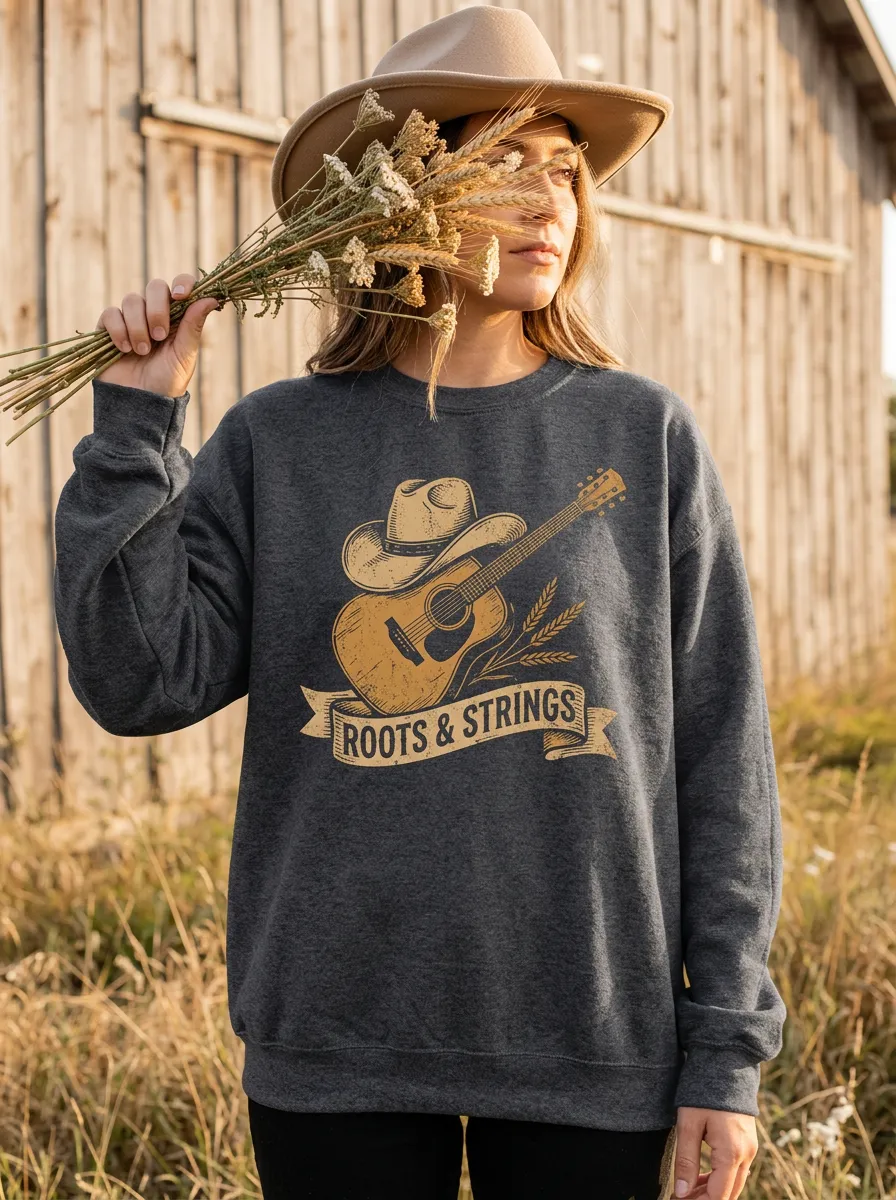 Rustic Guitar Cowboy-Hat Women's Country Music Crew Neck Sweatshirt