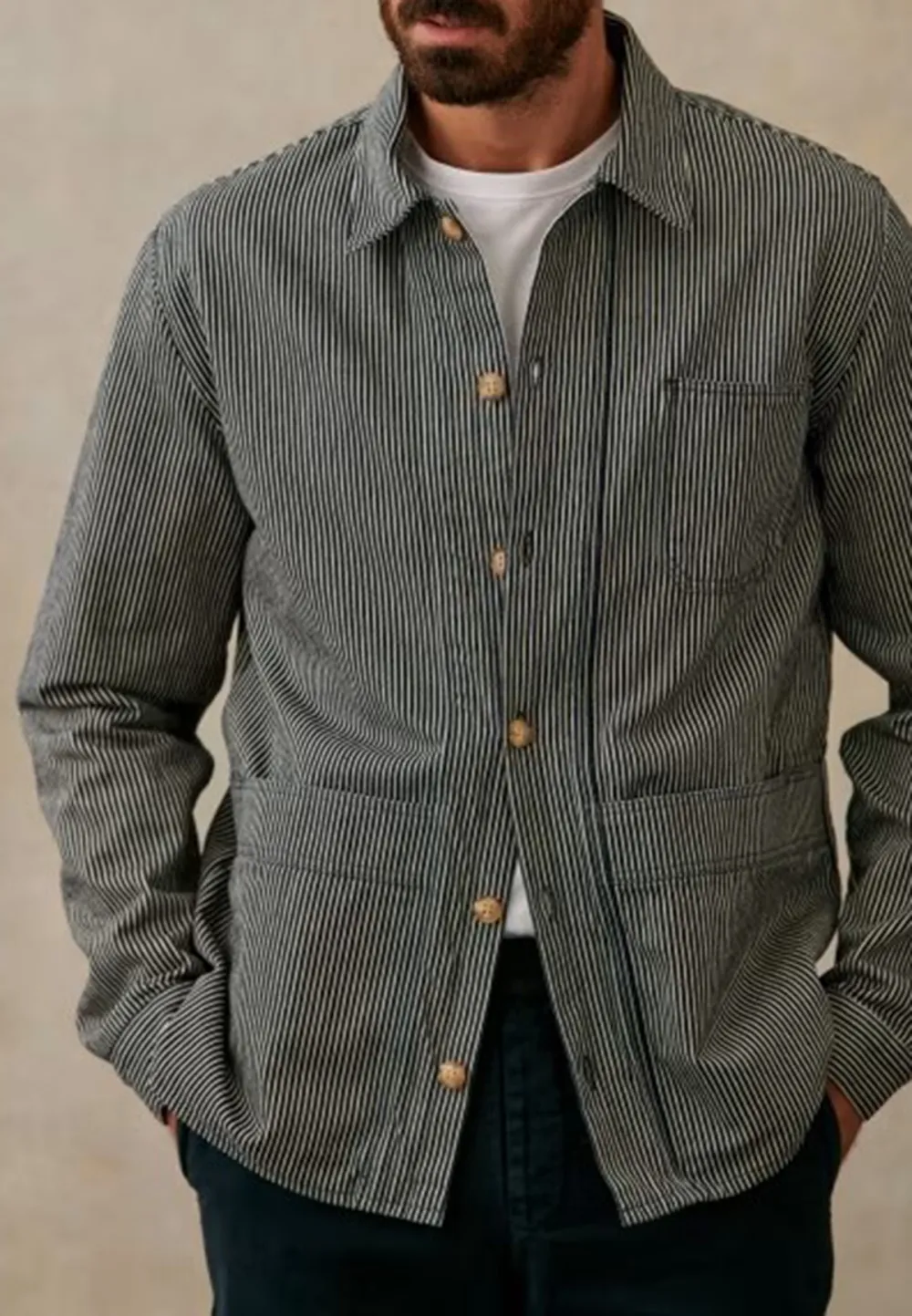 Grey Stripe Cotton Blend Casual Chore Jacket