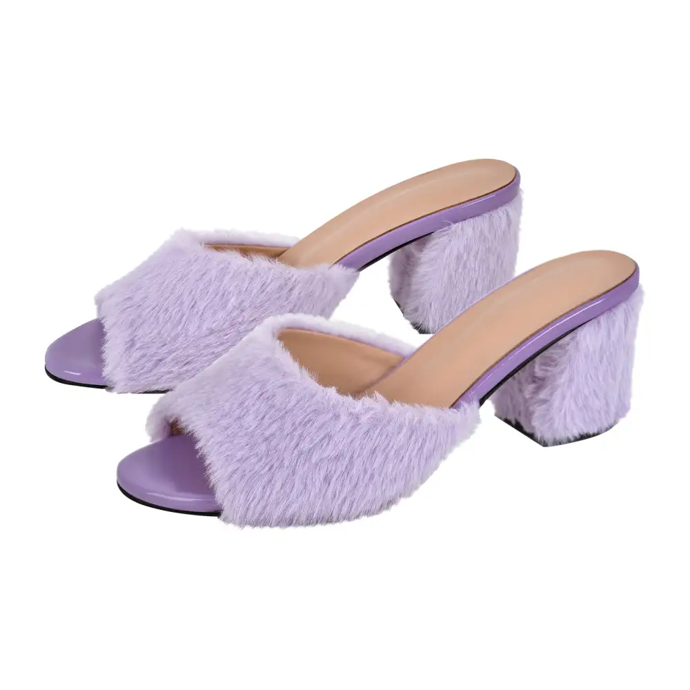 Round Toe Chunky Heel Fur Mule Sandals