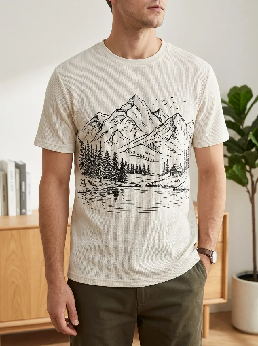 Men's Nature Lover Mountain Cabin Lake Forest Crew Neck T-Shirt