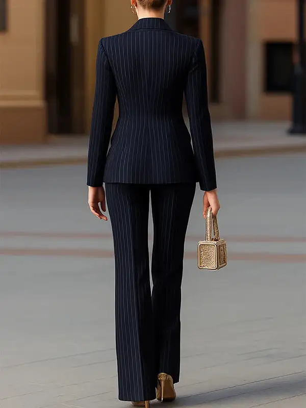 Long Sleeve Button Front Pocket Striped Notched Collar Blazer