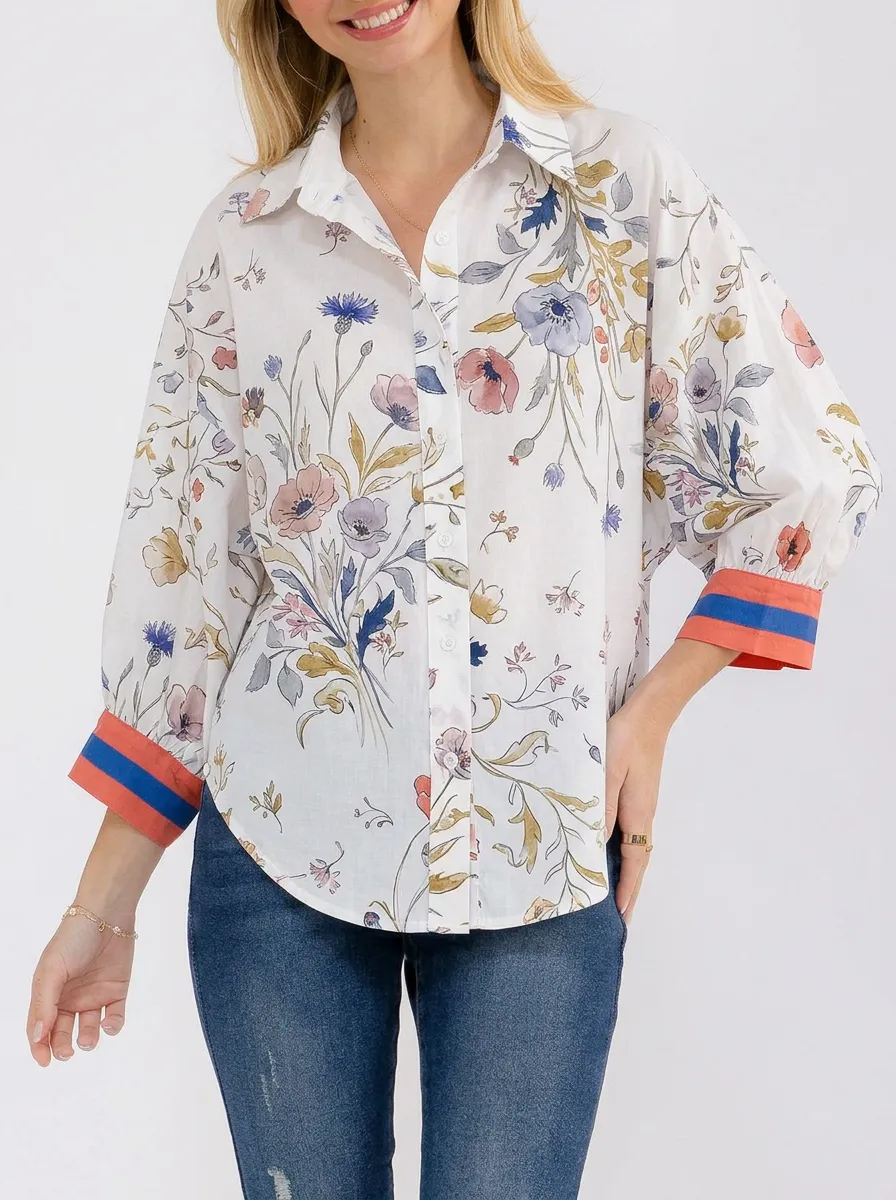Women's Floral Botanical Print Contrast Cuff Button-Down Shirt