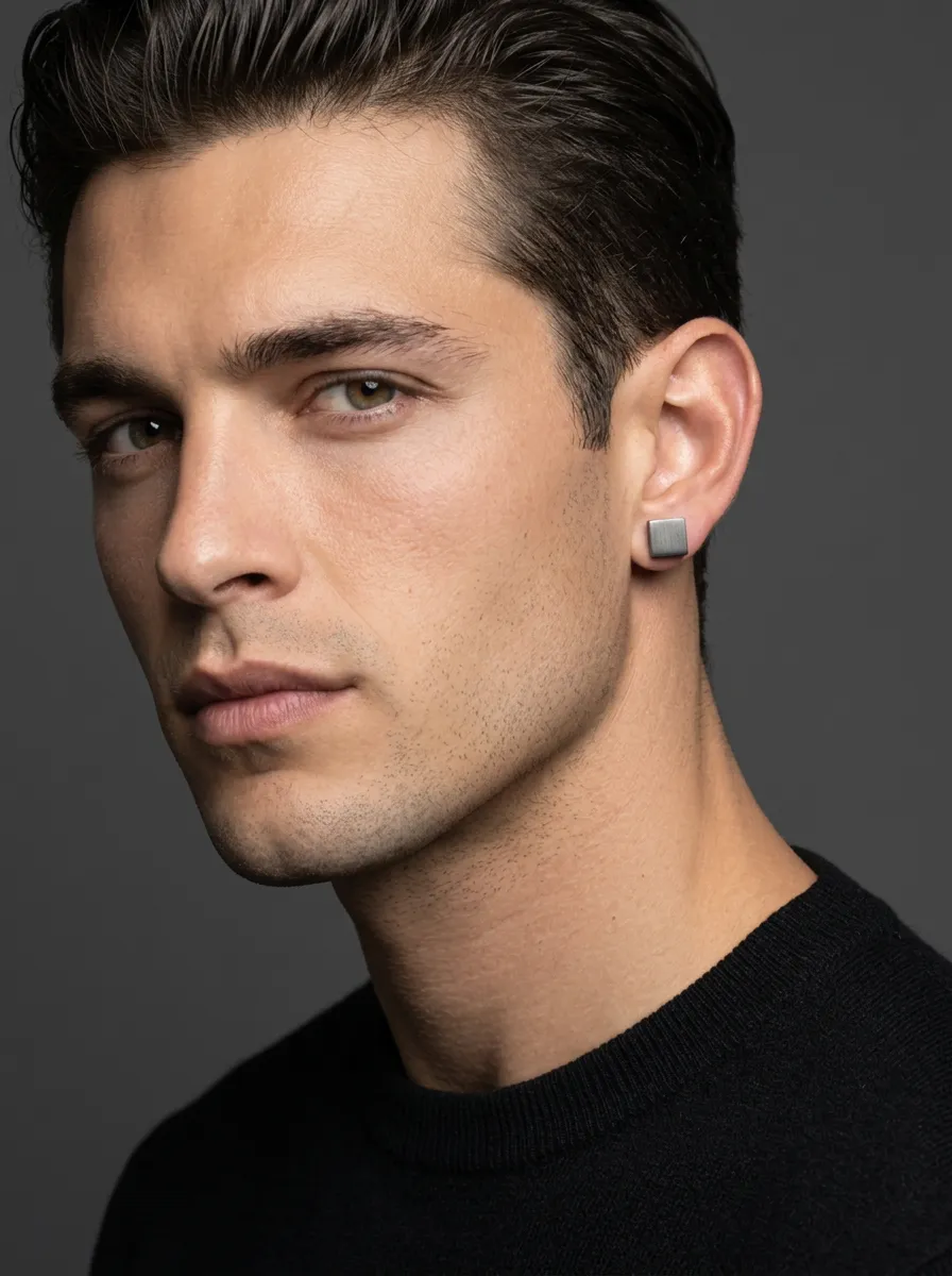 Men's Refined Geometric Square Brushed Metal Stud Earrings