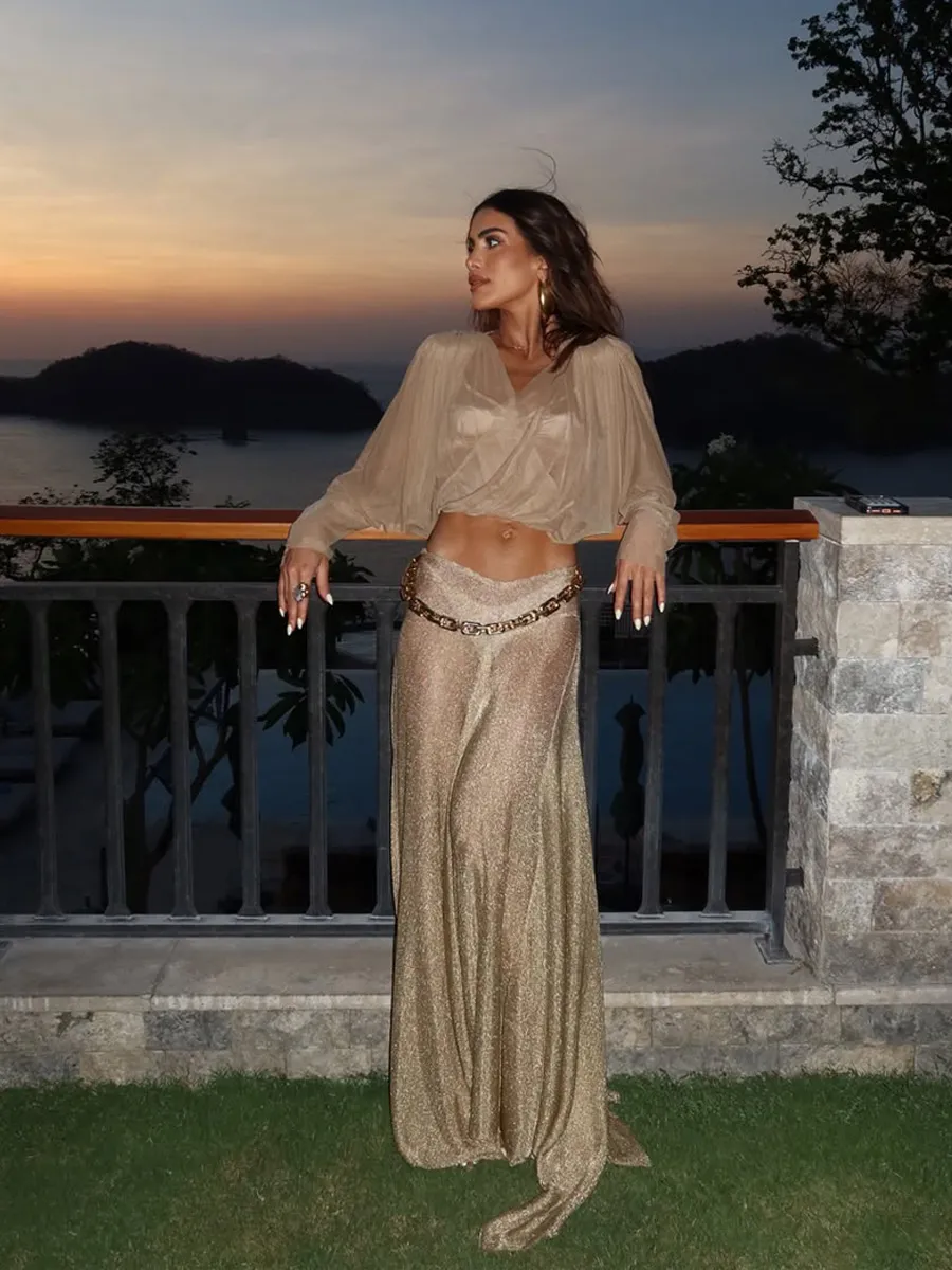 Natasha Fine-Shimmer Mesh Maxi Skirt Set