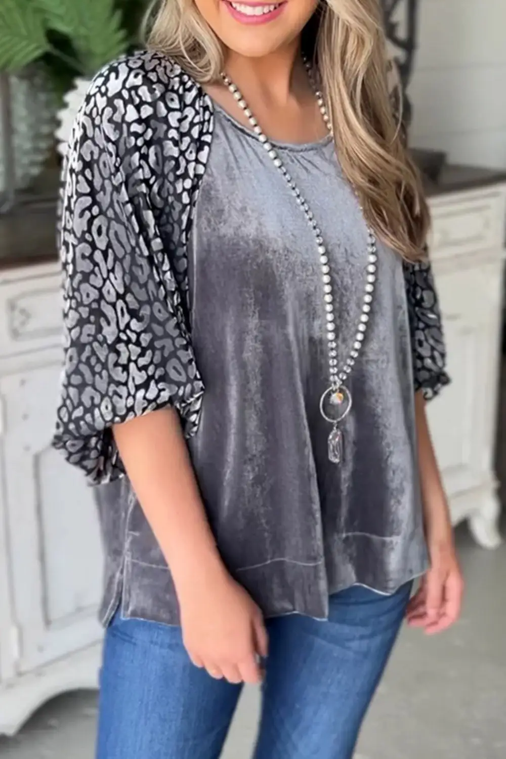 Leopard Print Lantern Sleeve Blouse