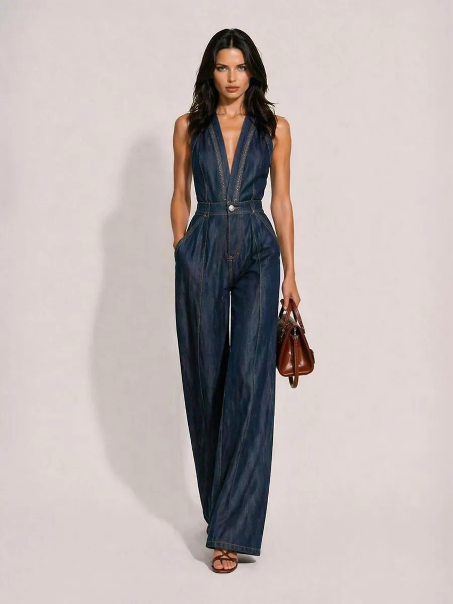 Clementine Casual Retro V-Neck Sleeveless Denim Jumpsuit