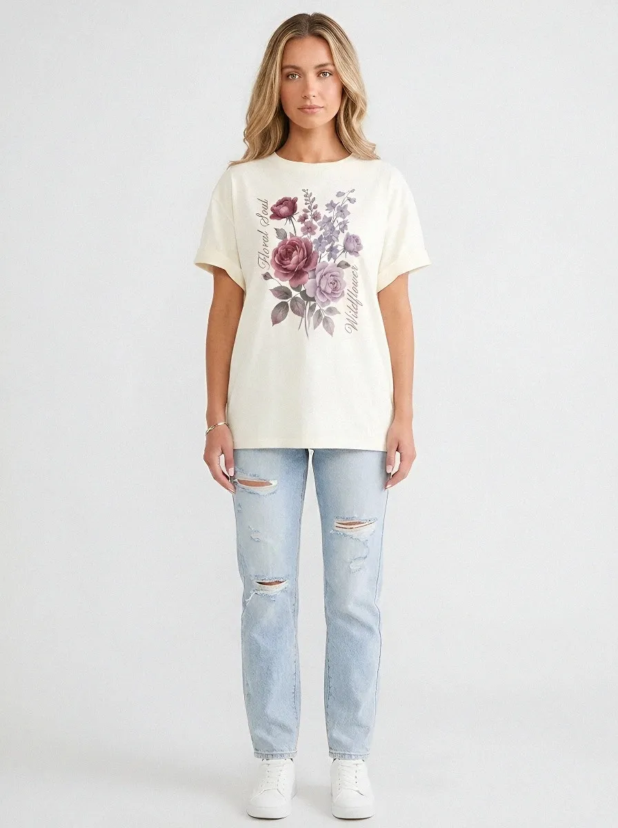 Women's Floral Soul Wildflower Rose Bouquet Printed T-shirt