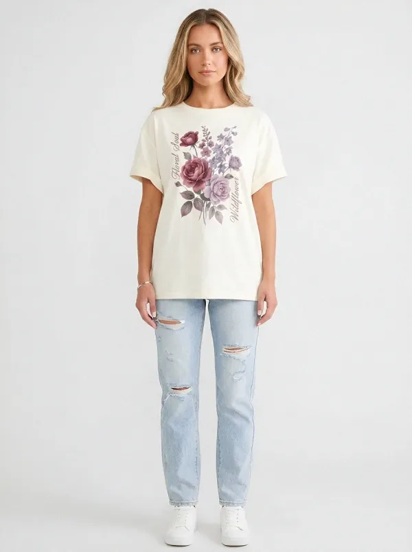 Women's Floral Soul Wildflower Rose Bouquet Printed T-shirt