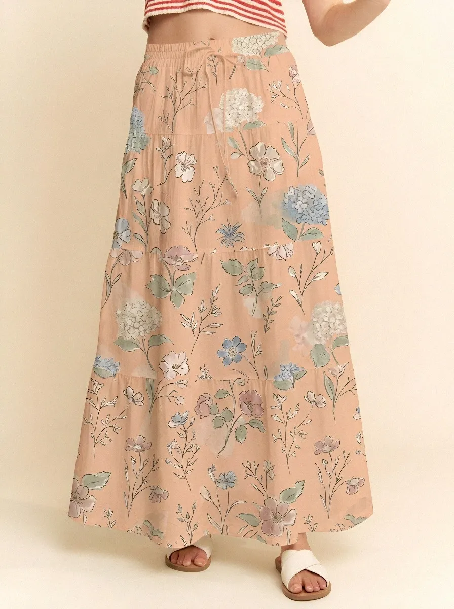 Women's Boho Floral Hydrangea Botanical Printed Maxi Skirt