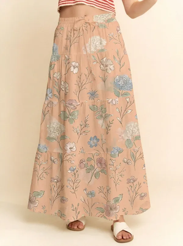 Women's Boho Floral Hydrangea Botanical Printed Maxi Skirt