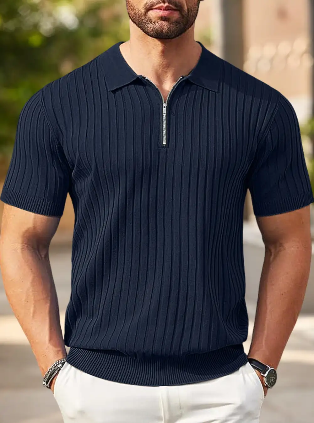 Zip Front Short Sleeve Fine Knit Polo Shirt