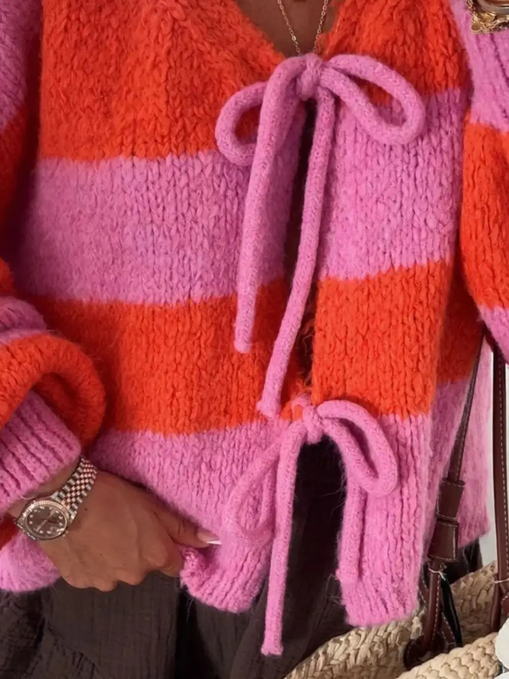 Tie-Front Knit Striped Cardigan
