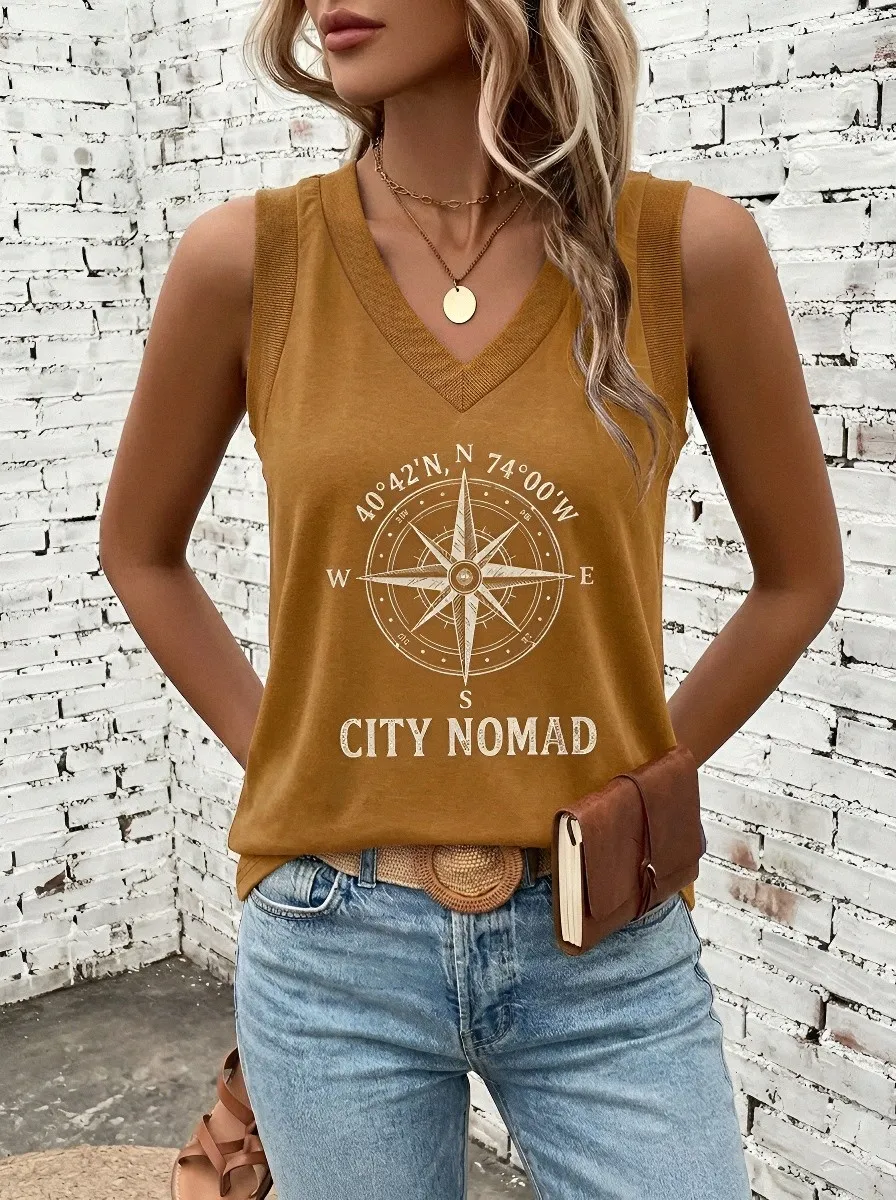Women's Travel Adventure City Nomad Compass Printed Tank Top