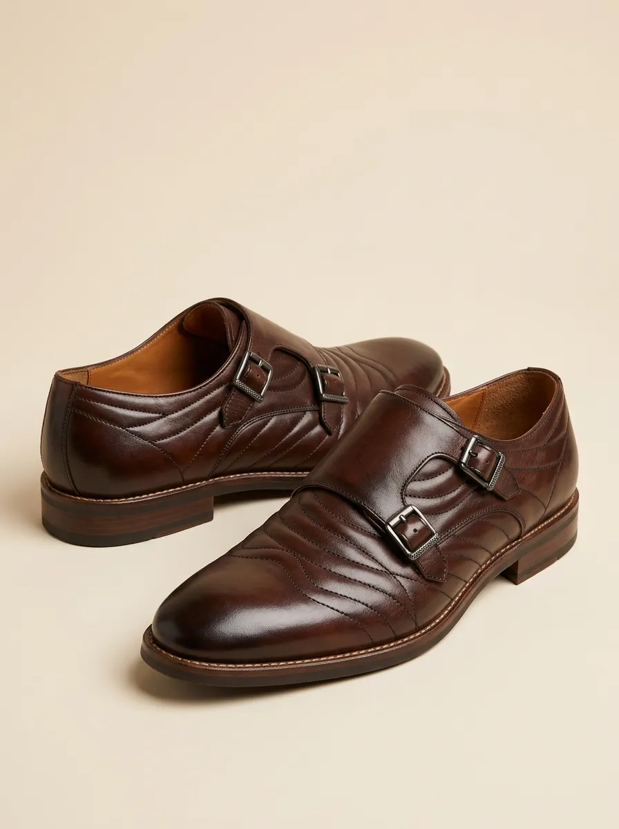 Men's Quilted Leather Double Monk Strap Dress Shoes