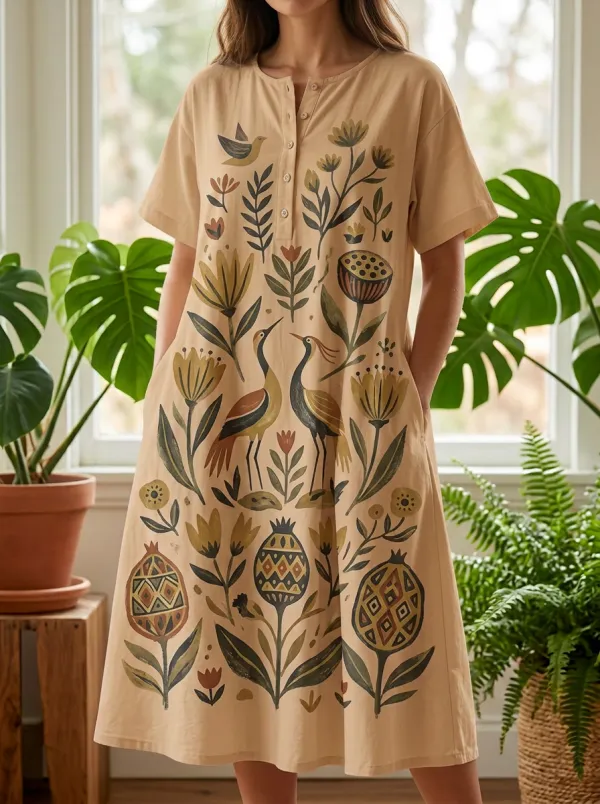 Botanical Crane Bird Floral Button-Up Top