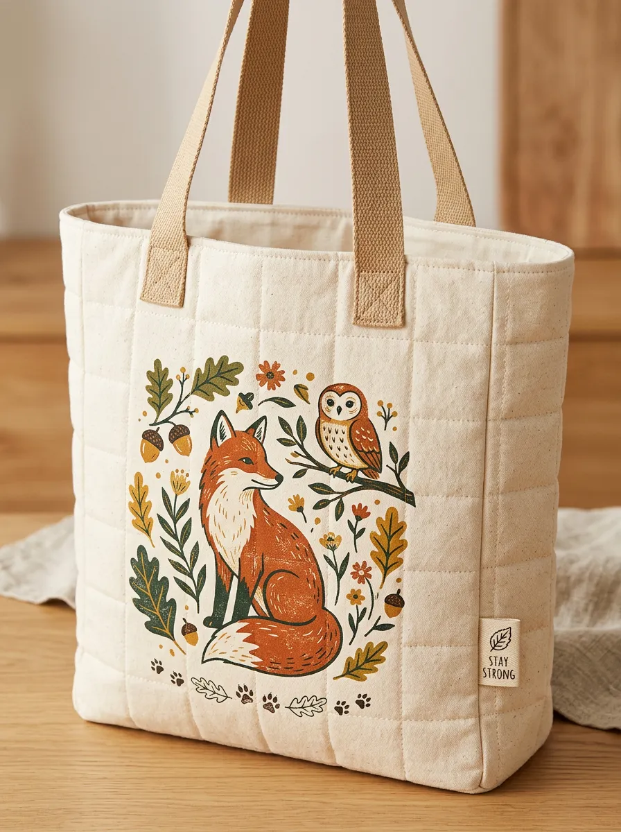 Woodland Animal Fox and Owl Printed Tote Bag