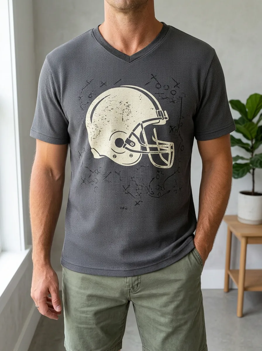 Men's Gridiron Football Fan Vintage Helmet Playbook Printed Waffle Top