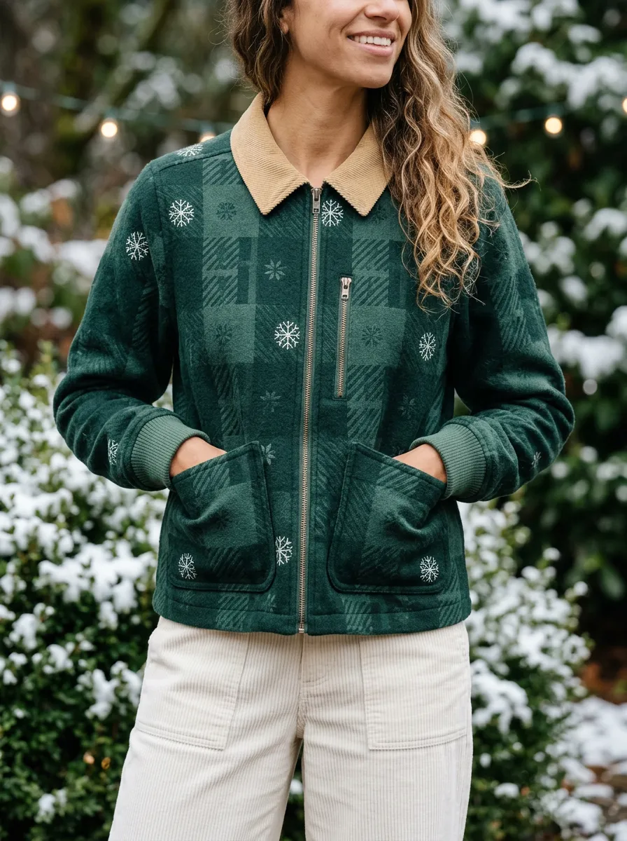 Christmas Holiday Snowflake Plaid Print Jacket