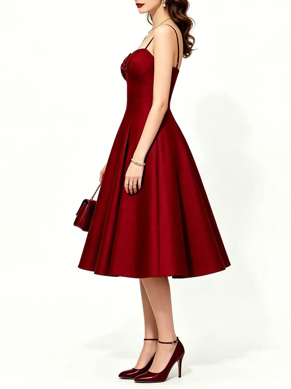 Satin Spaghetti Strap Party Prom Midi Dress